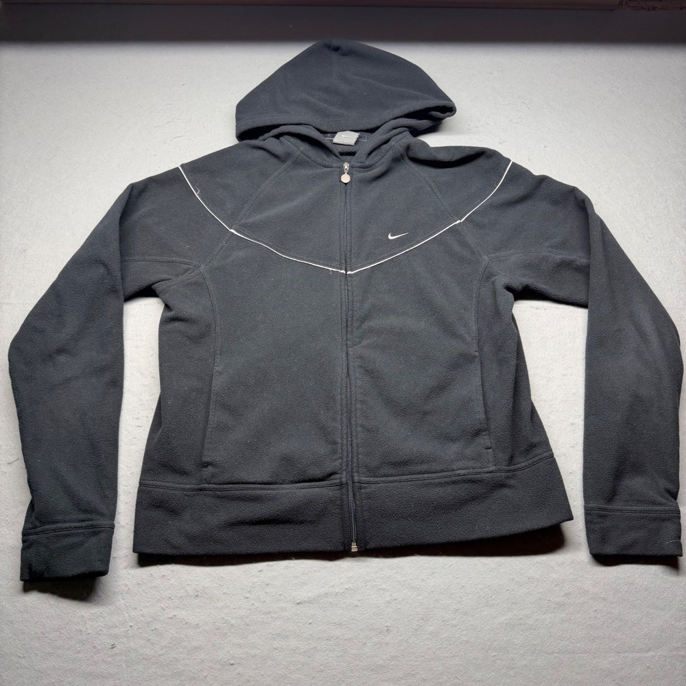 Nike Fleece Hoodie Women's XL Black Full Zip White Piping Swoosh Logo Activewear